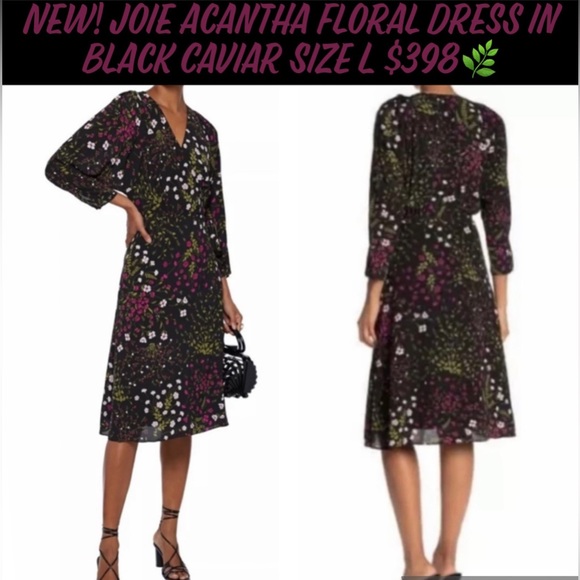🎉HP🎉New! Joie Acantha 3/4 Sleeve Black Floral Wrap Dress Size Large🌿 - Picture 1 of 12